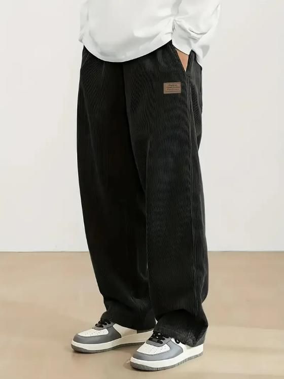 Men's Black Loose Fit Corduroy Cargo Style Trouser